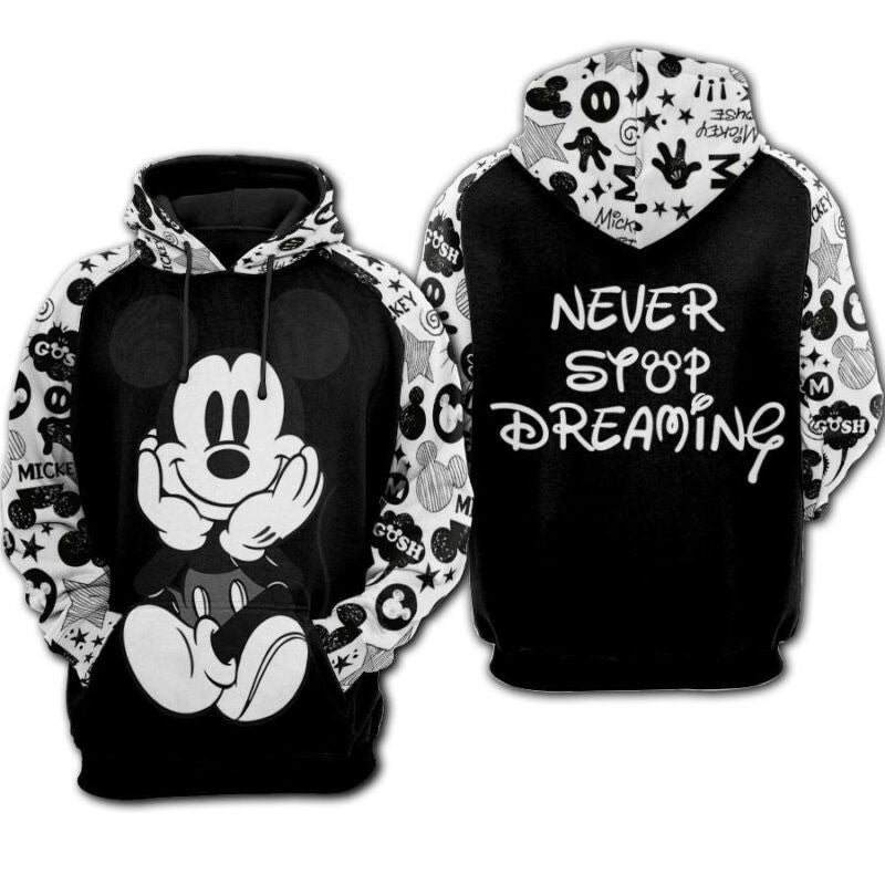 Disney Hoodie Mickey Mouse Never Stop Dreaming Black And White 3d Hoodie Zip Hoodie
