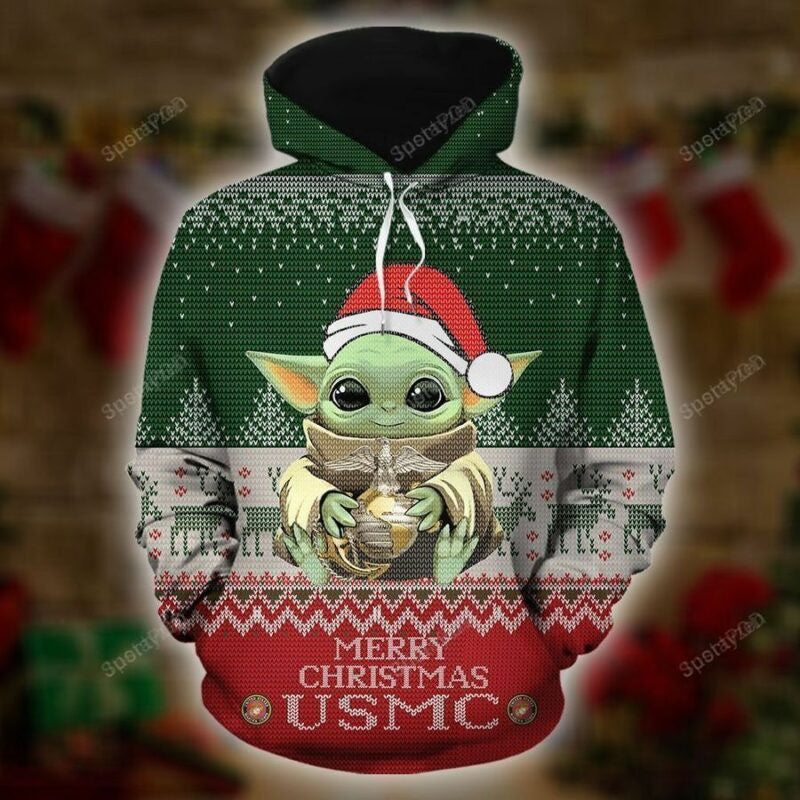 Baby Yoda Usmc Mery Christmas 3d All Over Print Hoodie, Zip-up Hoodie