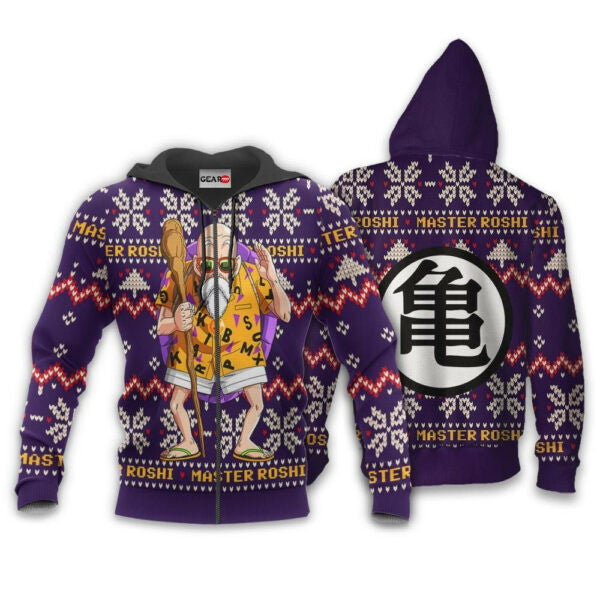 Master Roshi Ugly Christmas Dragon Ball Z Anime 1k321 Fan Gift Stylist Unisex Cartoon Graphic Outfits Aop 3d Hoodie, Zip Hoodie 683