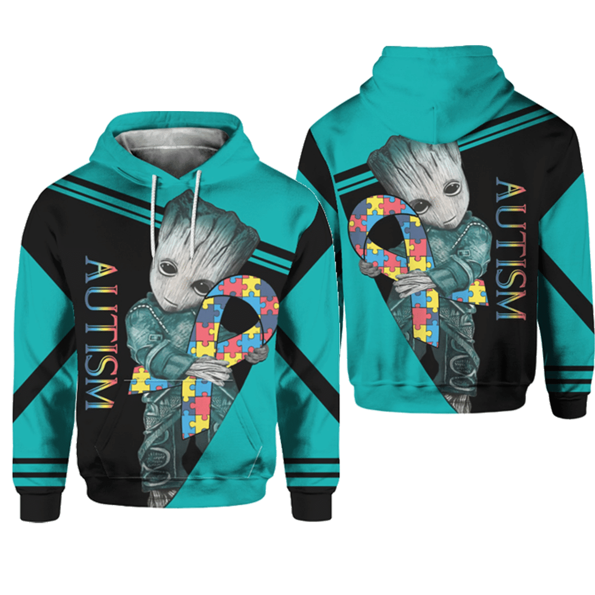 Autism Awareness Baby Groot, Groot Hug Autism Awareness Logo All Over Print Hoodie