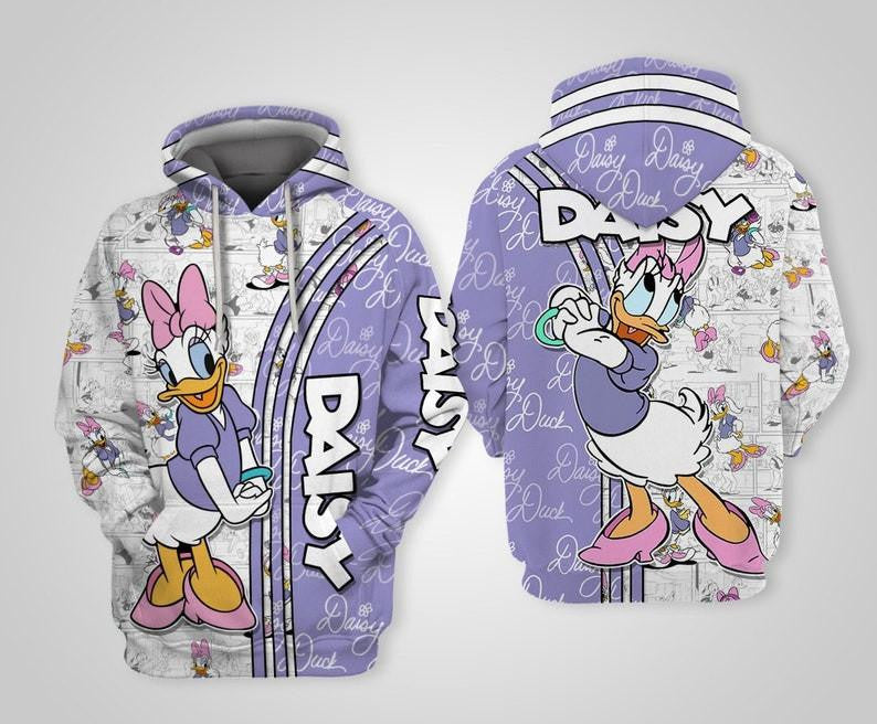 Cute Daisy Duck Disney Cartoon, Daisy Duck Signature, Daisy Comics Book Patterns All Over Print Hoodie, Zip Hoodie