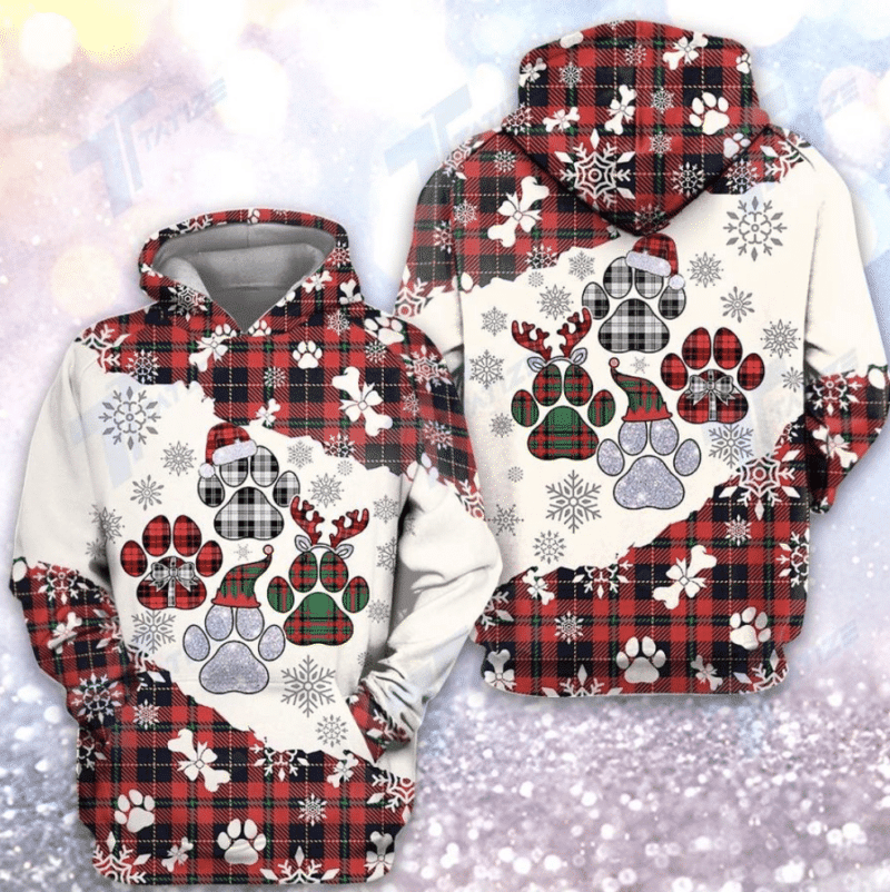 Christmas Tartan Dog Paw All Over Printed 3d Hoodie