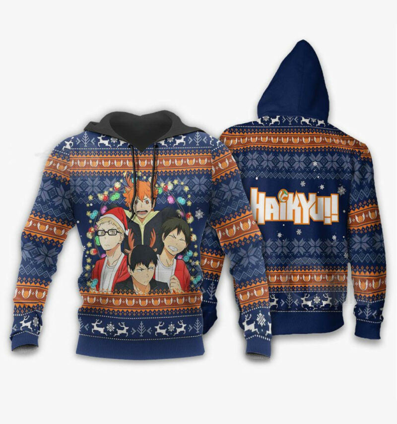 Haikyuu Hoodie Kageyama Hinata Kei Tadashi Christmas Pattern Blue 3d Hoodie Zip Hoodie