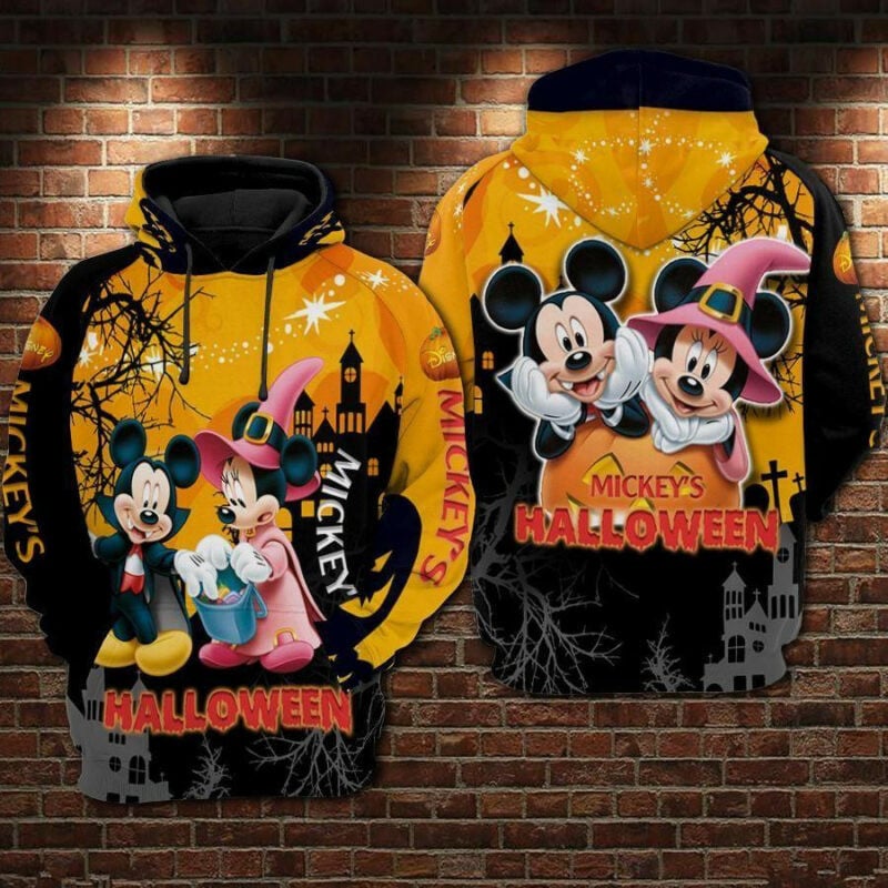 Disney Minnie And Mickey Mouse Vampire And Witch Halloween Black Orange 3d Hoodie Zip Hoodie