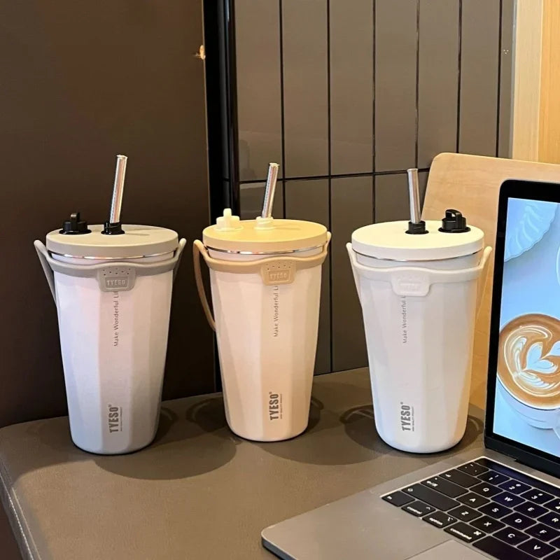 Stainless Steel Coffee Cups Vacuum Insulated Mugs Portable Large Capacity Ice Bar Thermal Cup with Silicone Rope Straw Water Cup