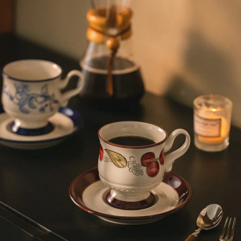 Medieval Style Ceramic Coffee Cup and Saucer Set Light Luxury Premium Afternoon Tea Mug Latte Cup
