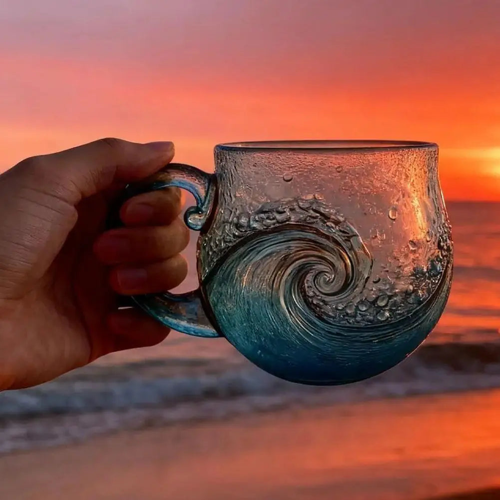 Beach Mug Sea Glass Wave Cup Unique Ocean Themed Coffee Cup Sea Theme Water Tea Cup Coffee Glass Mug for Workplace Travel Bar