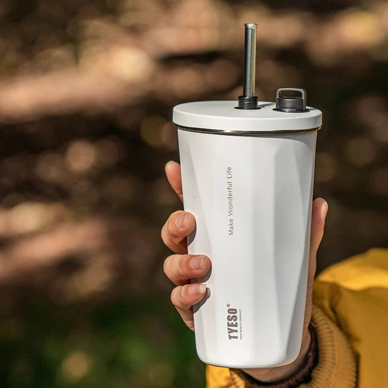 Stainless Steel Coffee Cups Vacuum Insulated Mugs Portable Large Capacity Ice Bar Thermal Cup with Silicone Rope Straw Water Cup