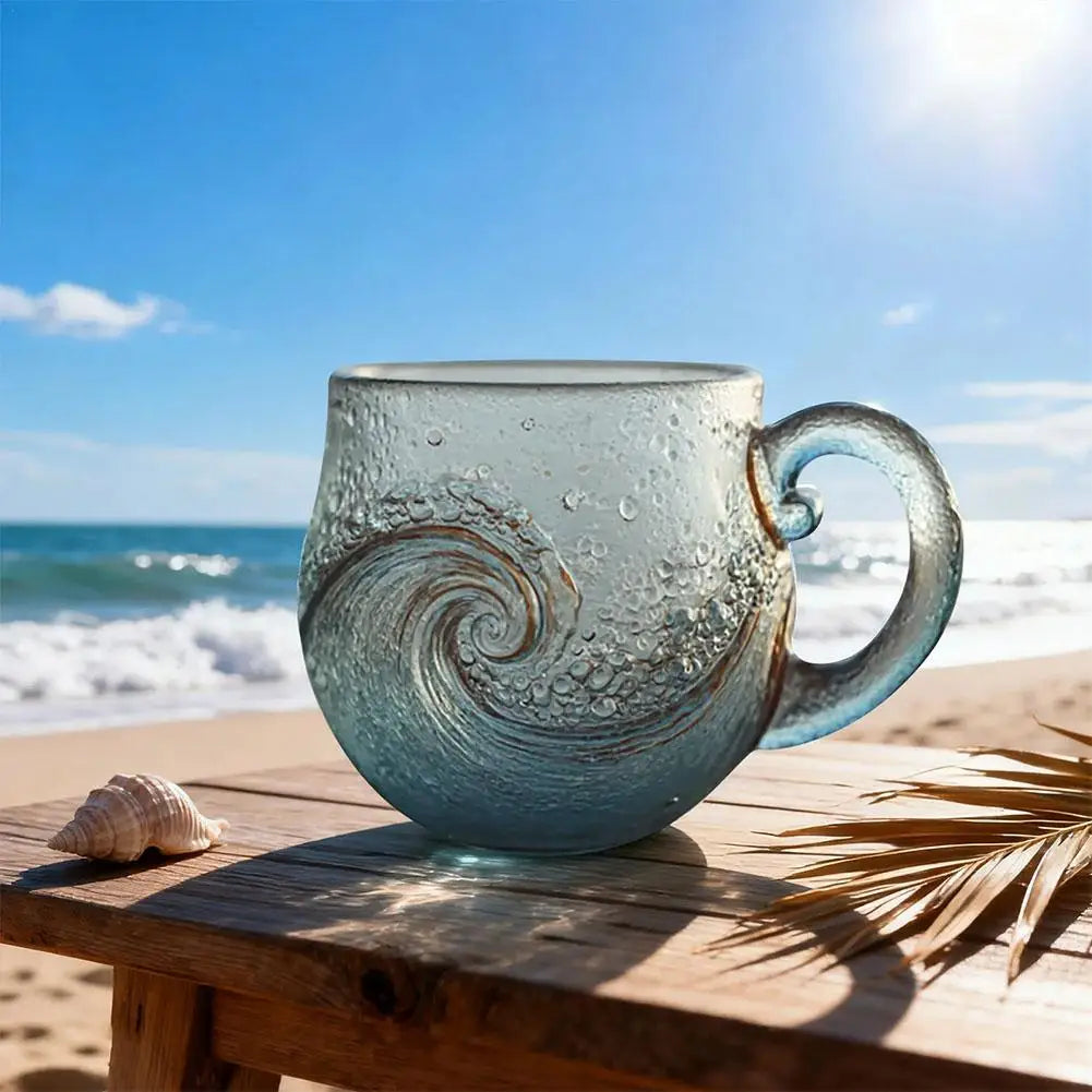 Beach Mug Sea Glass Wave Cup Unique Ocean Themed Coffee Cup Sea Theme Water Tea Cup Coffee Glass Mug for Workplace Travel Bar
