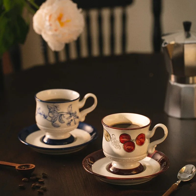 Medieval Style Ceramic Coffee Cup and Saucer Set Light Luxury Premium Afternoon Tea Mug Latte Cup