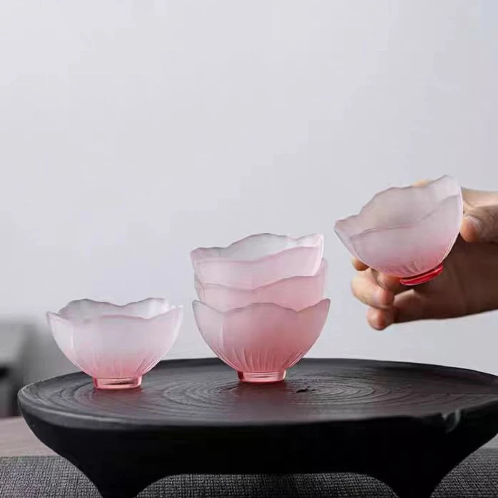 4 Pieces Glazed Glass Frosted Pink Sakura Japanese Teacup, Pink Glazed Lady, Household Flower Teacup, Tea Cup, Petal  Cup